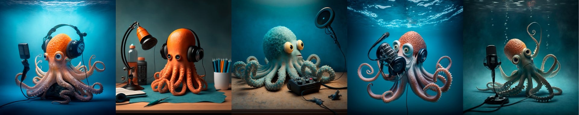 ilustração via #midjourney: polvos gravando podcasts