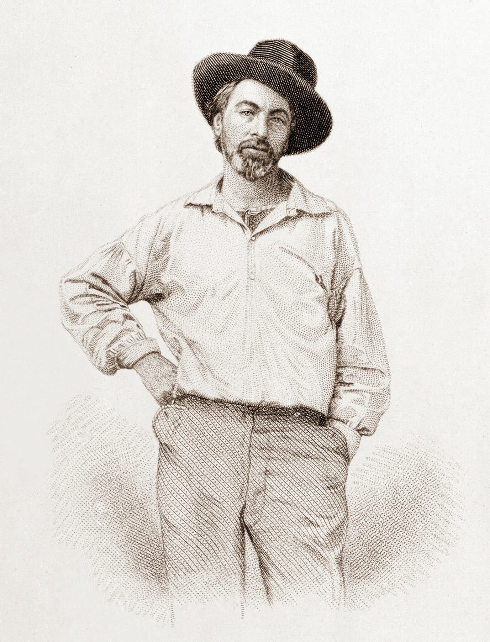 Walt Whitman (1819-1892), age 35, frontispiece to Leaves of Grass, Fulton St., Brooklyn, N.Y., 1855, steel engraving by Samuel Hollyer from a lost daguerreotype by Gabriel Harrison.