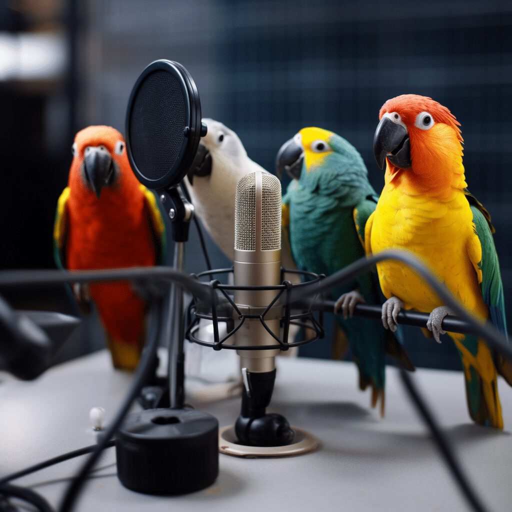 a group of birds recording a podcast (via #midjourney)