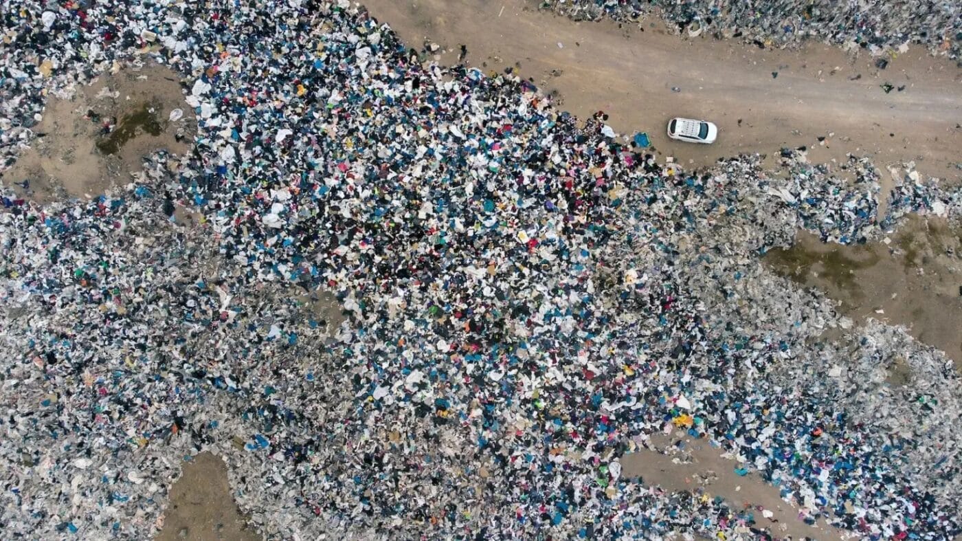 An aerial view of used clothes discarded in the Atacama Desert, in Alto Hospicio, Iquique, Chile, on September 26, 2021. PHOTOGRAPH: MARTIN BERNETTI/GETTY IMAGES