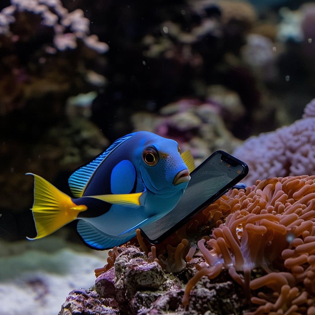 (via midjourney v6) a blue surgeon fish staring at a smartphone in an aquarium --v 6.0 - Image #3 @renedepaula#1964