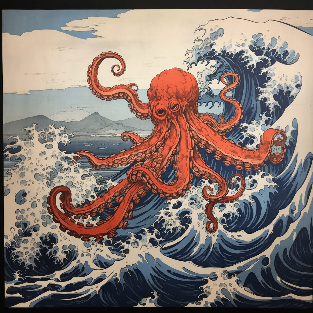 via midjourney: a woodblock painting of an octopus in the style of Hokusai