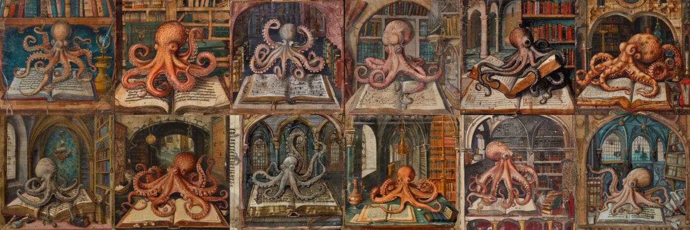 an octopus in a medieval scriptorium (via midjourney v6)