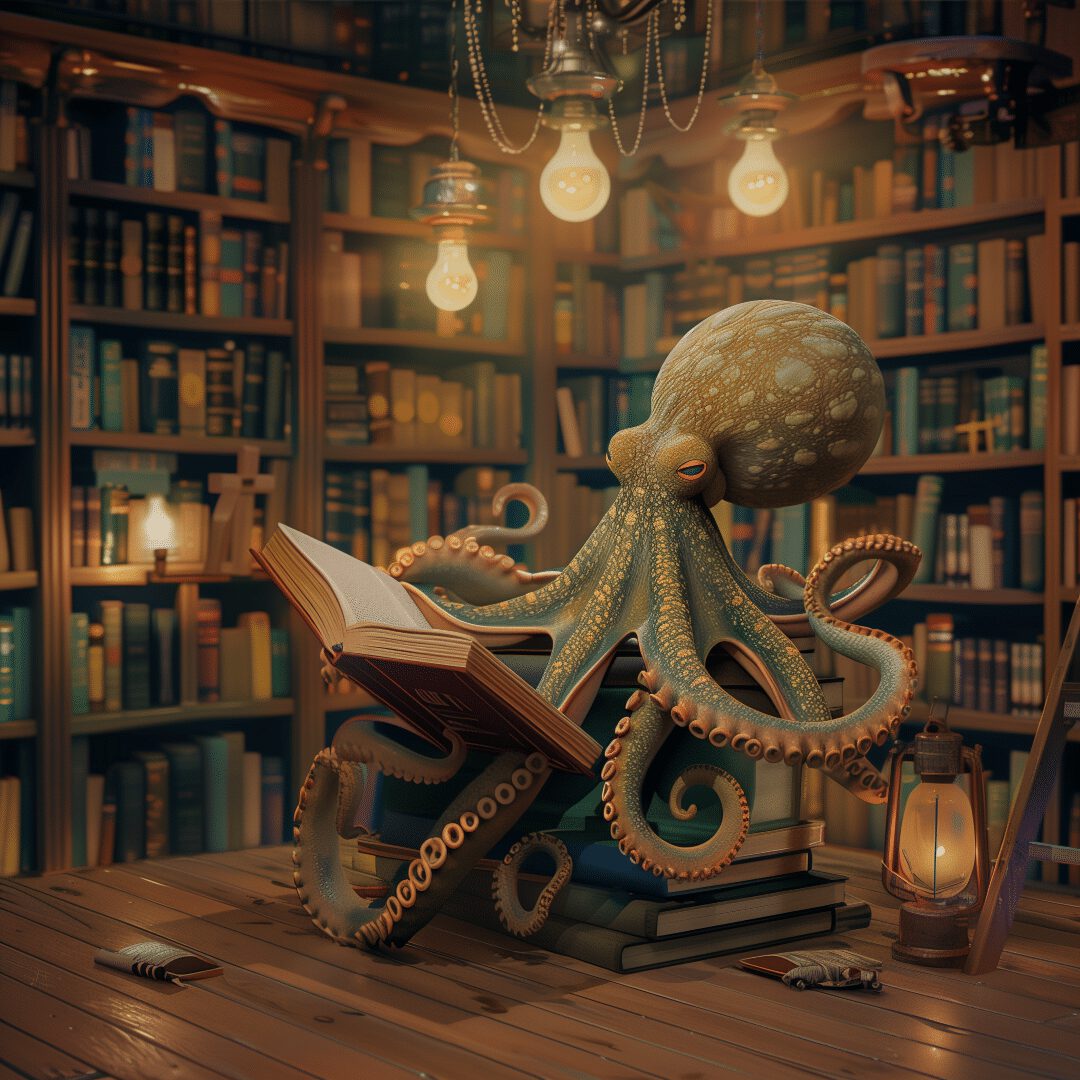 an octopus reading a book in a library via #midjourney v6