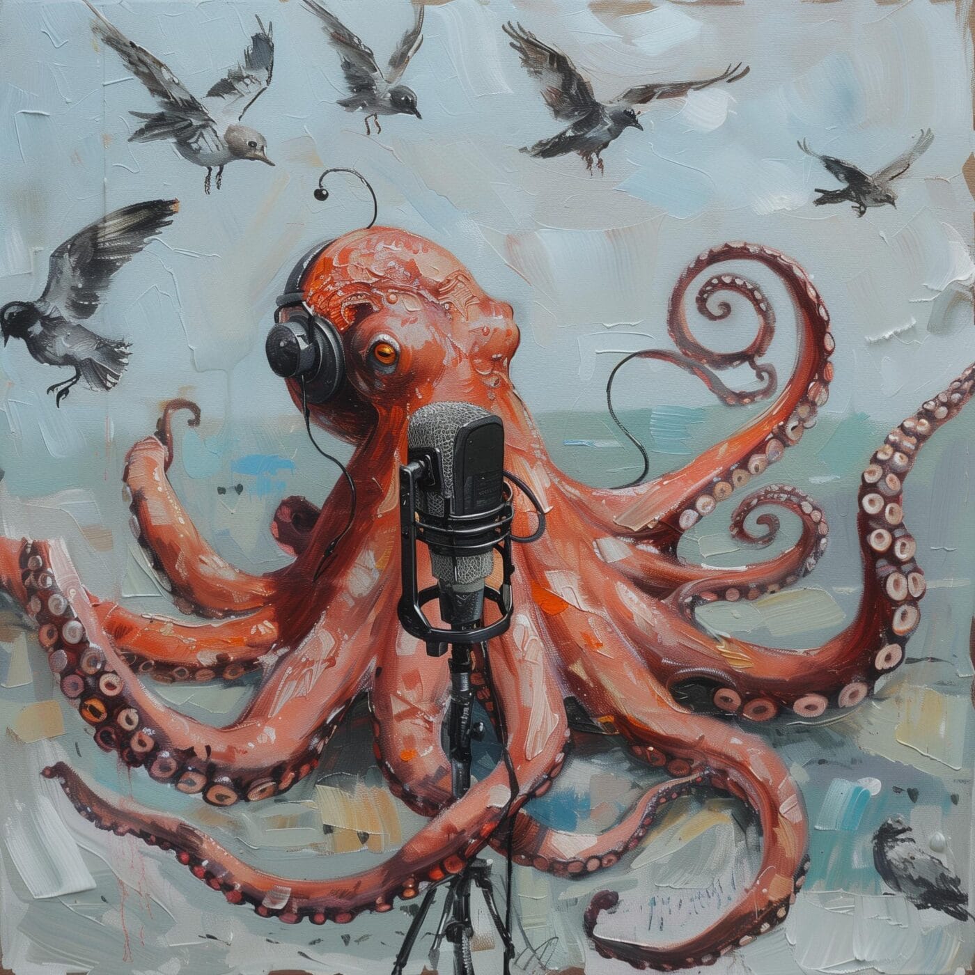 an octopus recording a podcast surrounded by birds via midjourney v6