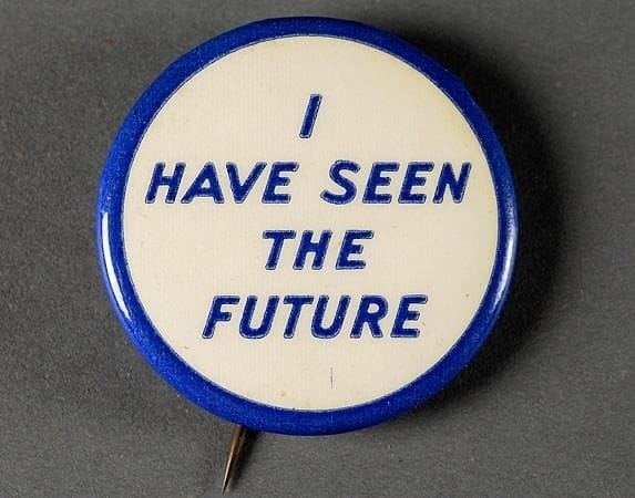 The ubiquitous souvenir of the 1939-1940 New York World's Fair: A pin from General Motors' Futurama exclaiming, "I have seen the Future!" [pr] https://pin.it/zfZ0K1WCj