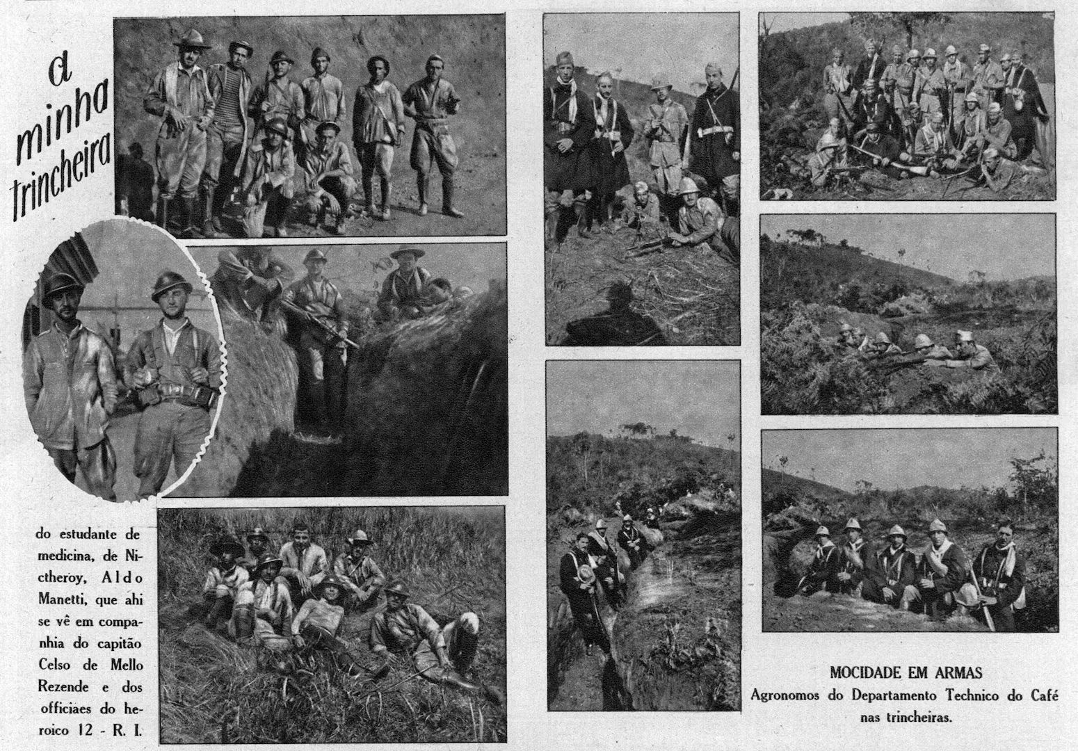 Composição com fotografias de combatentes nas trincheiras da Revolução de 1932. Imagem publicada no Suplemento Rotogravura de 25/8/1932 Foto: Acervo - jornal Estado de São Paulo https://www.estadao.com.br/acervo/9-de-julho-e-obelisco-aos-herois-de-32-data-e-monumento-evocam-memoria-da-revolucao-paulista/