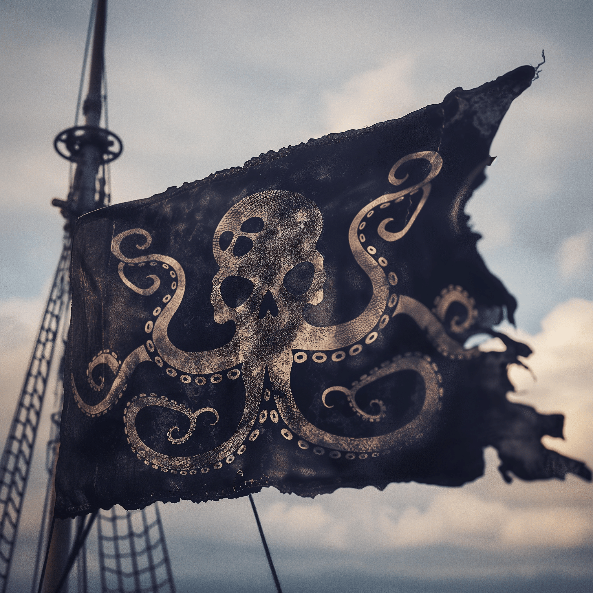 a scary pirate flag in the wind on top of a mast depicting an octopus by rene de paula jr, via midjourney